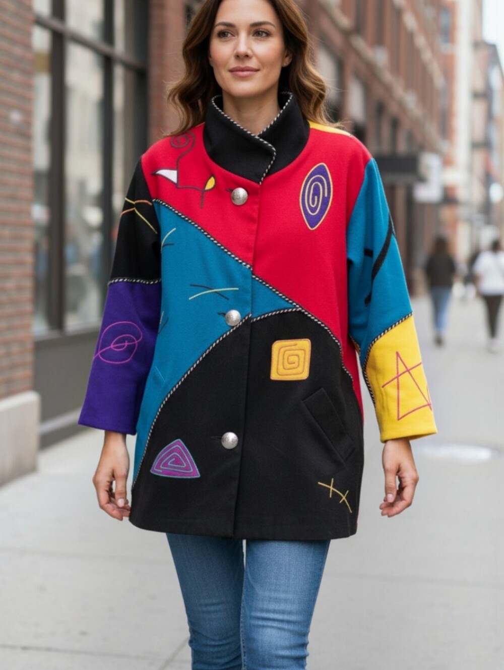 Vintage Marylou Ozbolt Storer Wearable Art Wool Jacket Black Geometric Sitching